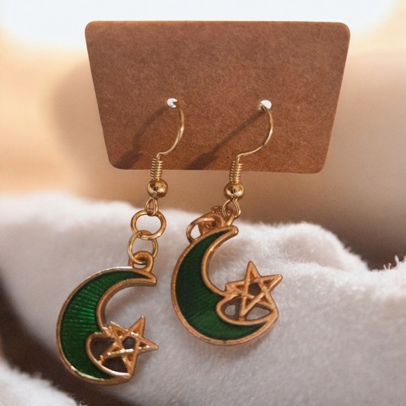Handmade Jewelry - Earrings Green and Gold Crescent Stars-NWT